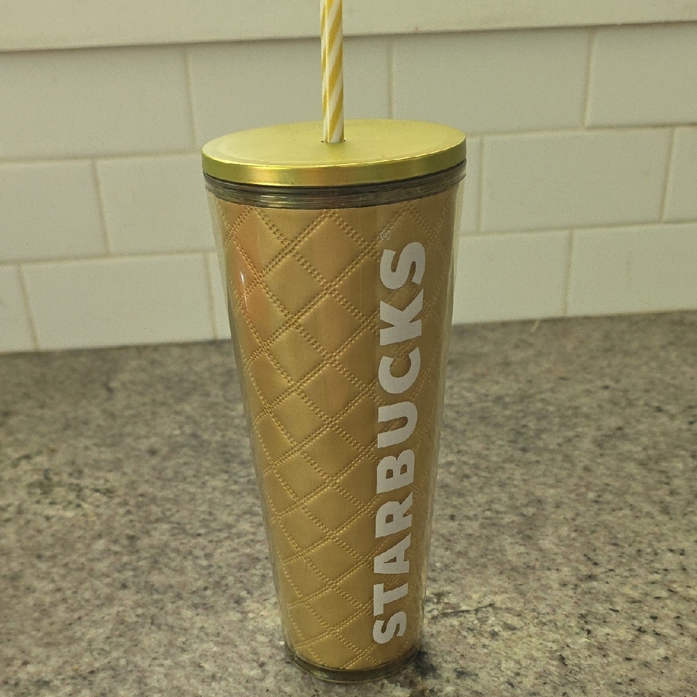 Starbucks Quilted Gold Tumbler with Straw